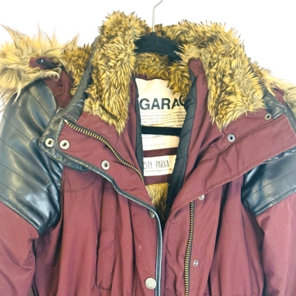 Garage Maroon Faux Fur Leather Parka Winter Coat Medium - Picture 14 of 16